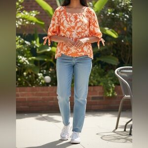 INEA Orange White Square Neck Puff Sleeve Blouse Medium Boho Peasant Tie sleeve